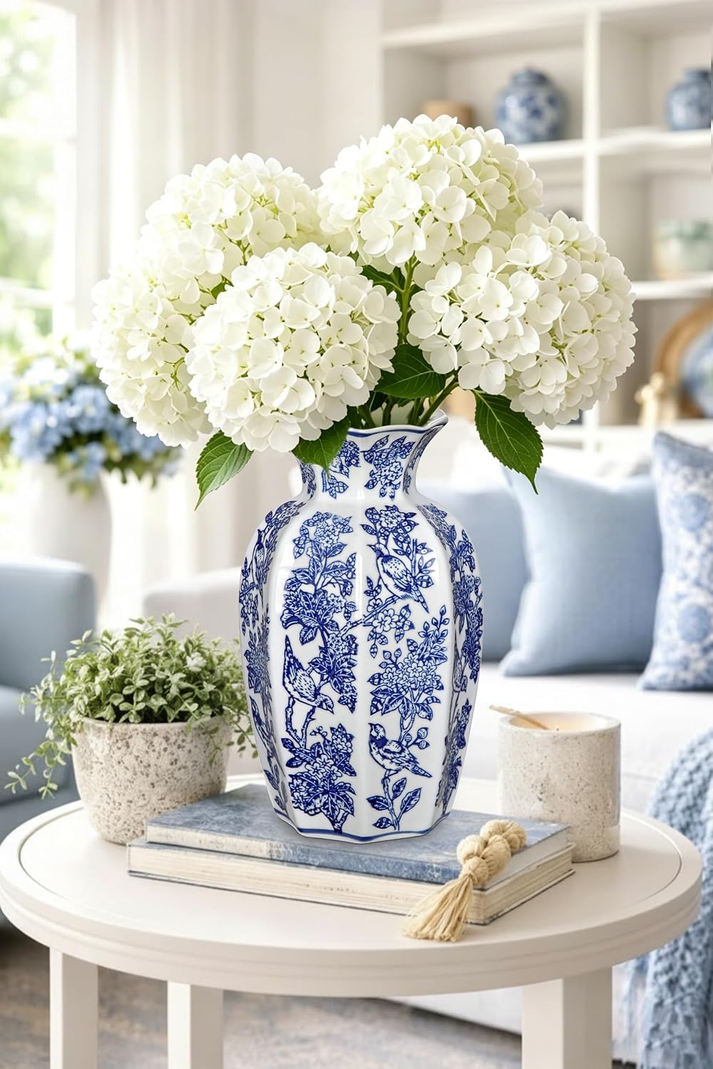 Blue and White Vase Vintage Blue Ceramic Vase for Home Decor 9.6 Inch Decorative Porcelain Floral Bird Chinoiserie Ceramic Vases for Centerpiece Living Room Kitchen Shelf