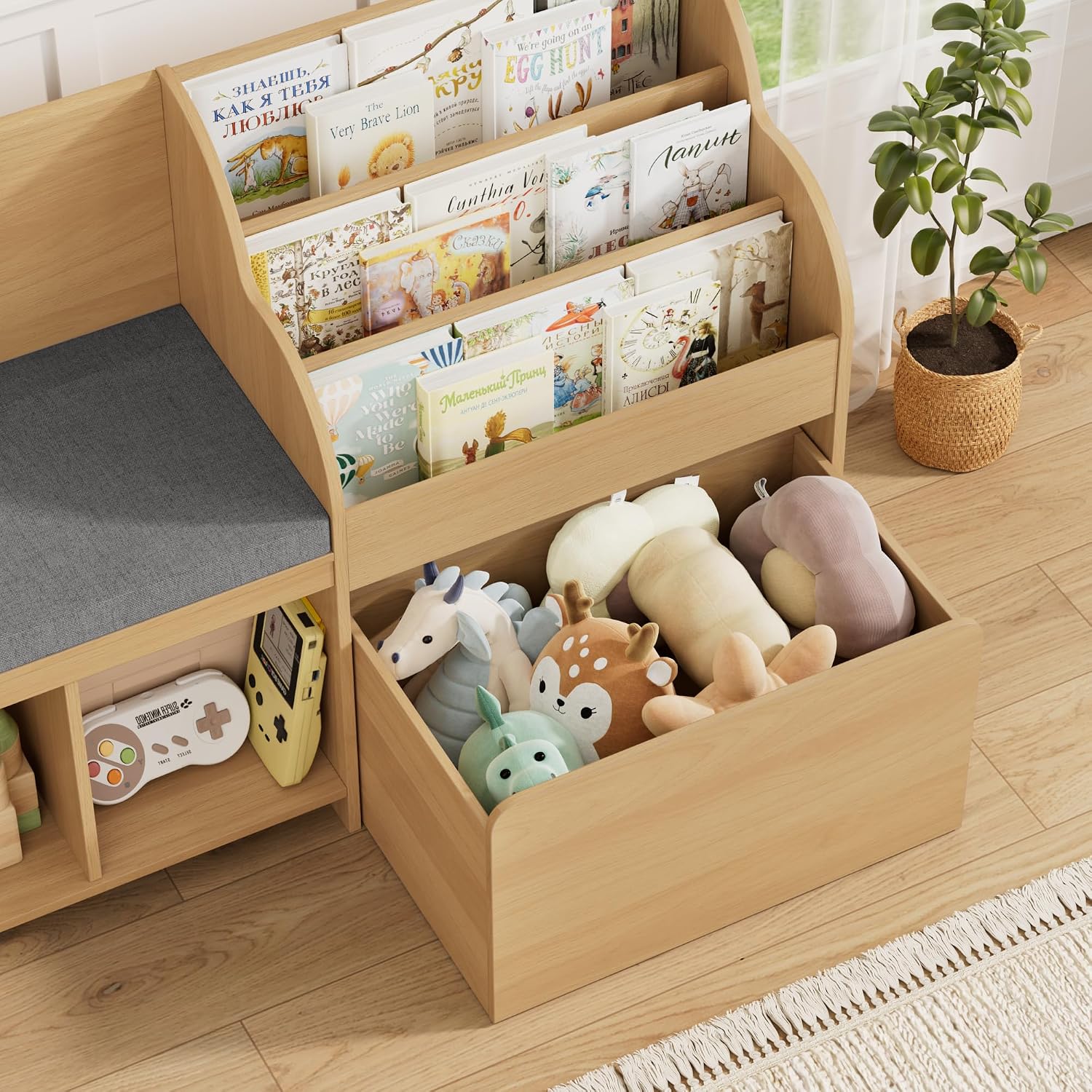 HOSTACK 67" W Kids Reading Nook with Toy Storage Organizer, Large Kids Bookshelf with Toy Storage Box on Wheels, Big Kid Bookcase with Bench and 6 Open Cubbies for Playroom, Kid Room, Natural Oak