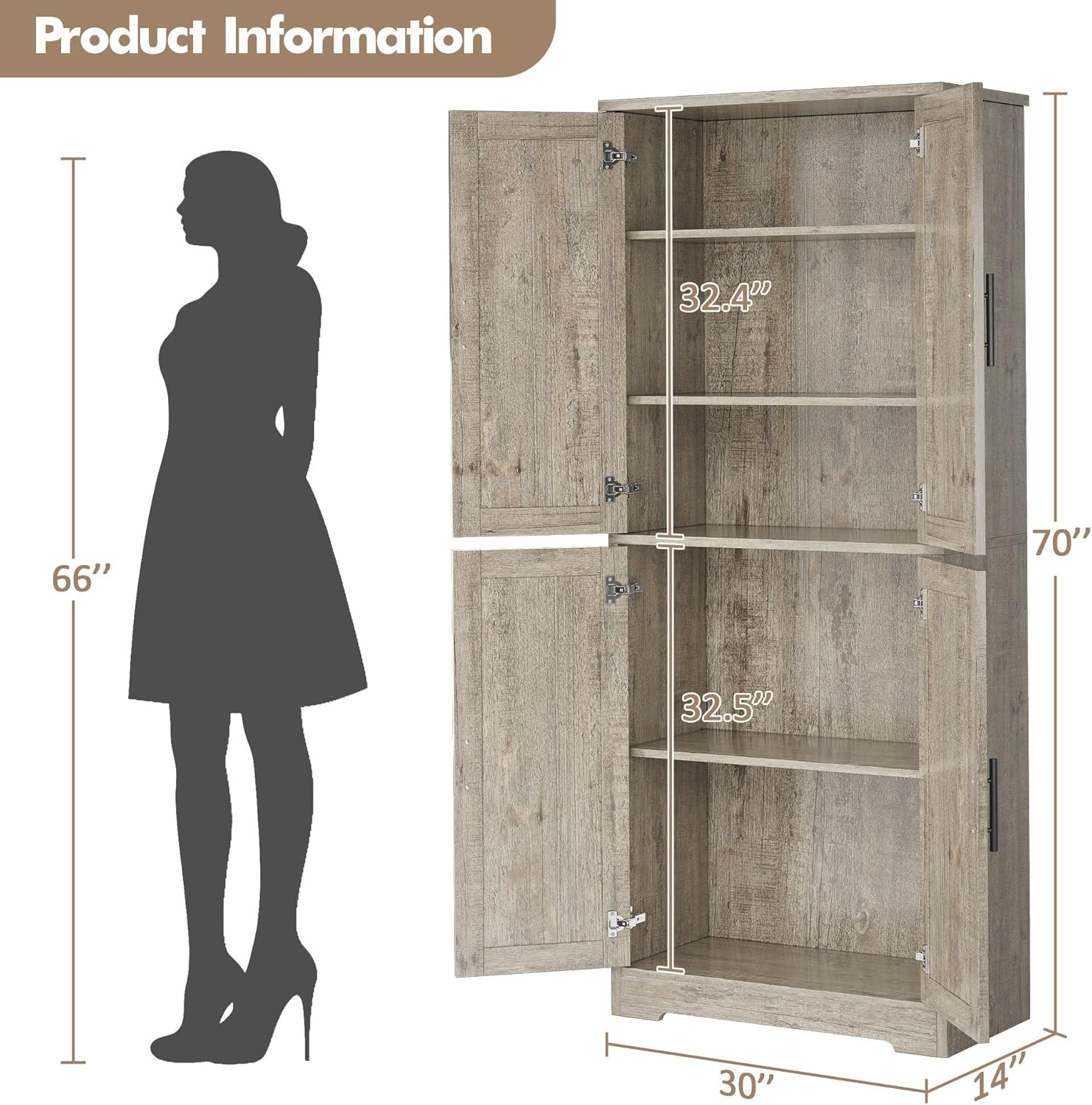 IDEALHOUSE Pantry Cabinet,70" Tall Kitchen Pantry Cabinet with 4 Doors and 3 Adjustable Shelves, Freestanding Cupboard, Modern Storage Cabinet for Bathroom, Dining Room, Living Room, Gray