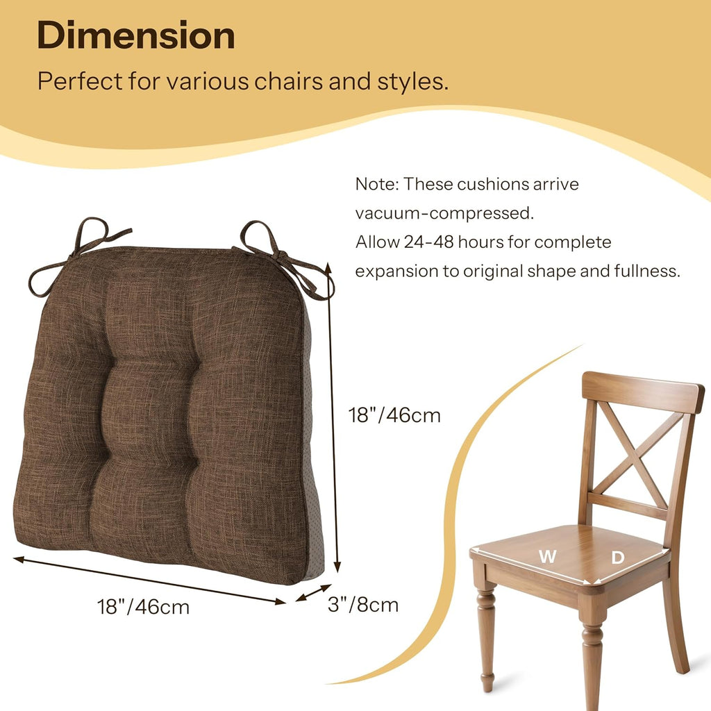 Chair Cushions for Dining Chairs 2 Pack, 18"x18"x3", Coffee | Non-Slip, Tufted, with Ties, Textured, Comfortable, for Kitchen, Dining Room, Home Offices, Living Room, Bars, Indoor