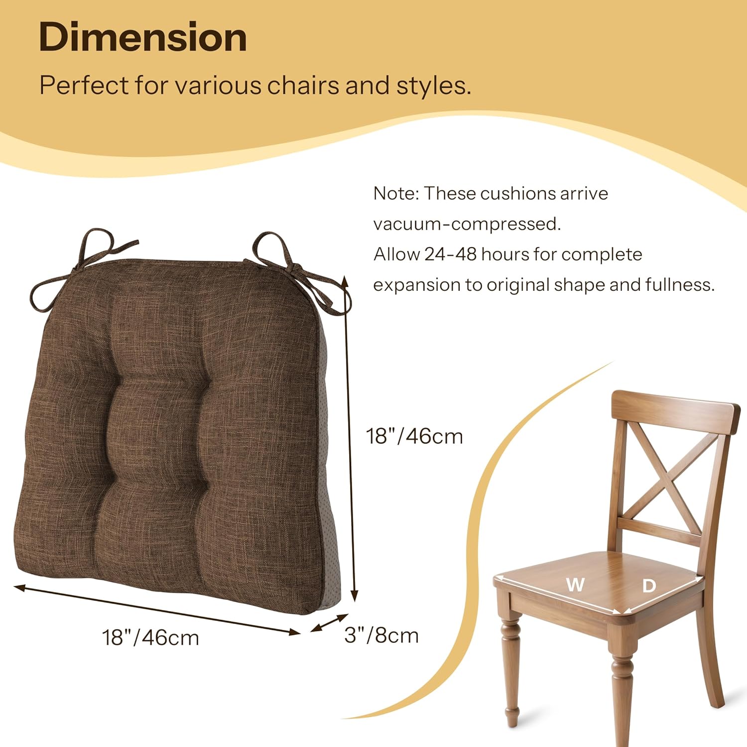 Chair Cushions for Dining Chairs 2 Pack, 18"x18"x3", Coffee | Non-Slip, Tufted, with Ties, Textured, Comfortable, for Kitchen, Dining Room, Home Offices, Living Room, Bars, Indoor