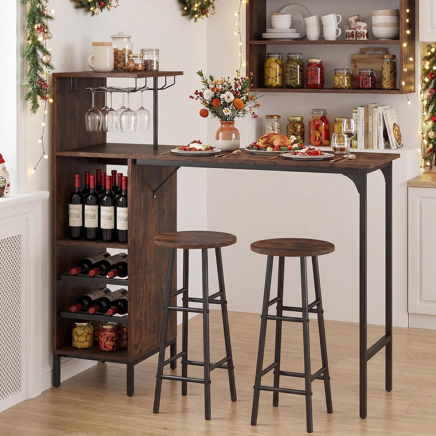 COSTWAY 3 Pieces Bar Table and Chair Set, Industrial Pub Table & Stools with Wine Glass Holders & 6-Bottle Wine Racks, Counter Height Dining Table Set for Living Room Dining Room Kitchen (Coffee)