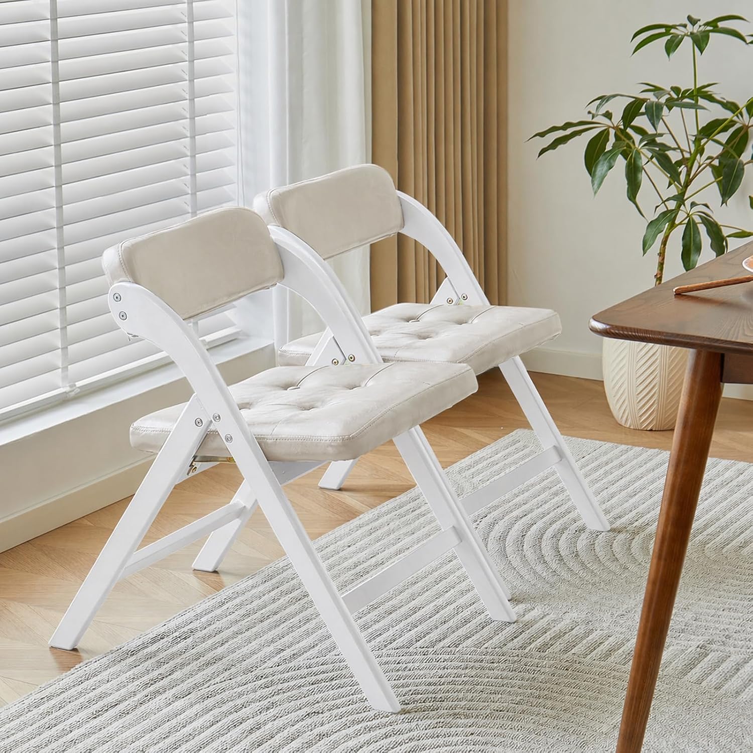 Wood Folding Chairs Set of 2, Upholstered Foldable Dining Chairs with Padded Seat and Backrest, Portable Accent Chairs for Kitchen, Dining Room, Apartment, Office, Guest Seating, White