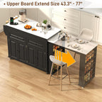 80"-48" Extendable Kitchen Island with Extended Dining Table and Power Outlet,Large Mobile Kitchen Storage Islands with 2 Storage Drawers,Rolling Islands Cart with 3 Extra Rows Open Shelves(Marble Bl)