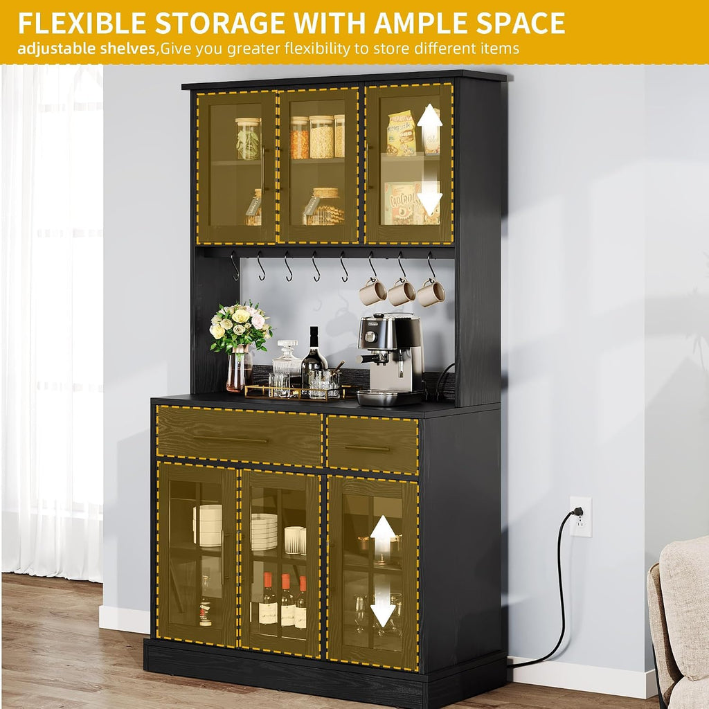 DWVO Kitchen Pantry Storage Cabinet with Microwave Stand, 71'' Tall Kitchen Hutch Cabinets with Power Outlet, Modern Food Pantry Hutch with Drawers ＆ Shelves for Home, Pack of 1, Black