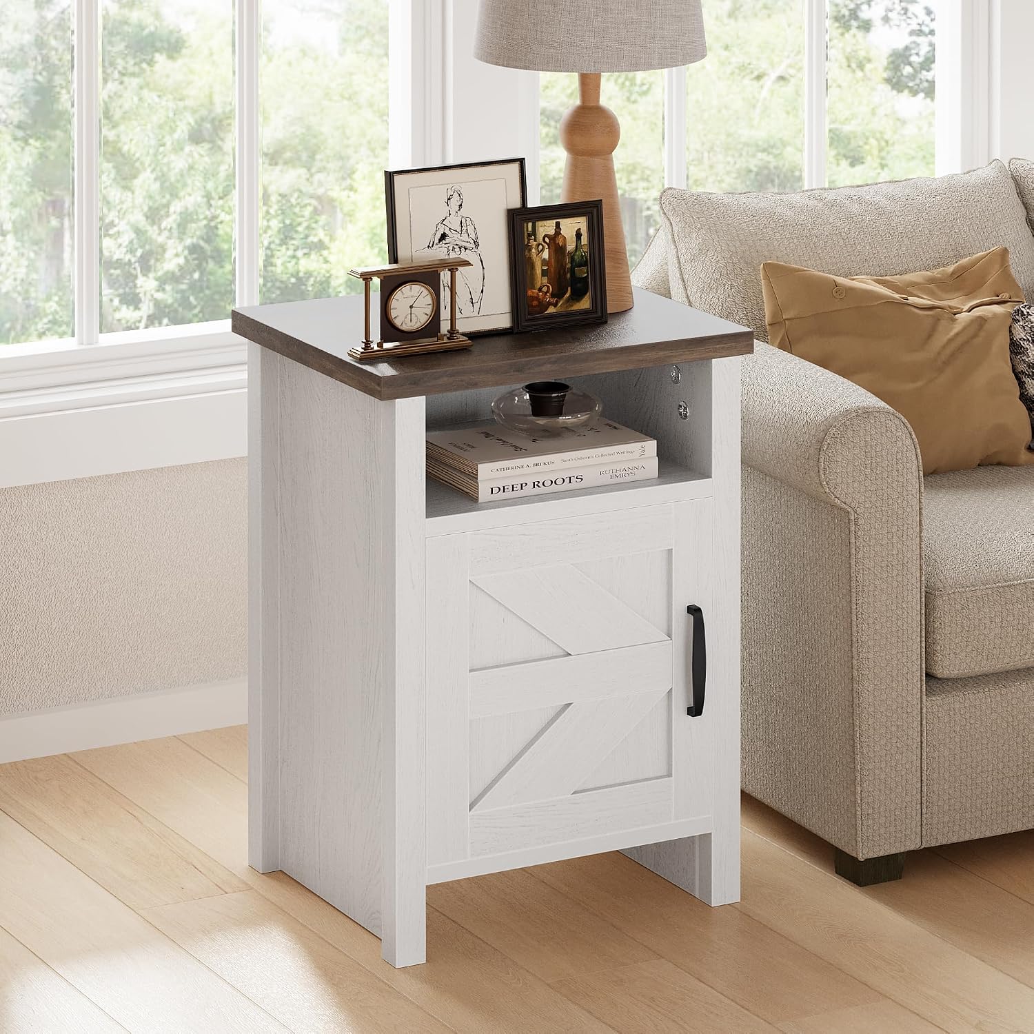 JUMMICO Farmhouse Nightstand, Modern Bedside Table with Barn Door and Shelf, Rustic End Table Side Table for Bedroom,Living Room(1, Rustic & White)
