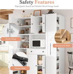 70 Inch Buffet with Hutch and Pull-Out Side Cabinet, White | White P2 MDF, kitchen or dining room, 7-tier side organizer, door shelves, adjustable shelves, open workstation, 52.8 in W