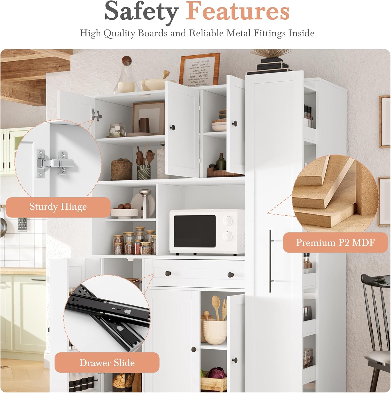 70 Inch Buffet with Hutch and Pull-Out Side Cabinet, White | White P2 MDF, kitchen or dining room, 7-tier side organizer, door shelves, adjustable shelves, open workstation, 52.8 in W