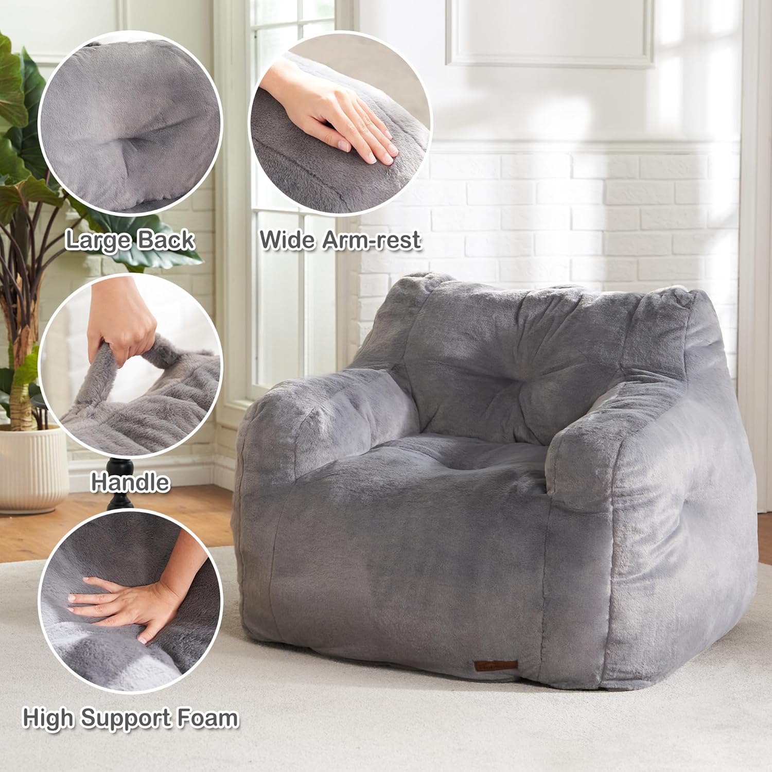 Hobestluk Bean Bag Chair for Adult Small Bean Bag Chairs with Arms Furry Beanbag Chair with Foam Filler Stuffed Bean Bag Sofa for Reading in Bedroom Living Room and Dorms(Grey)