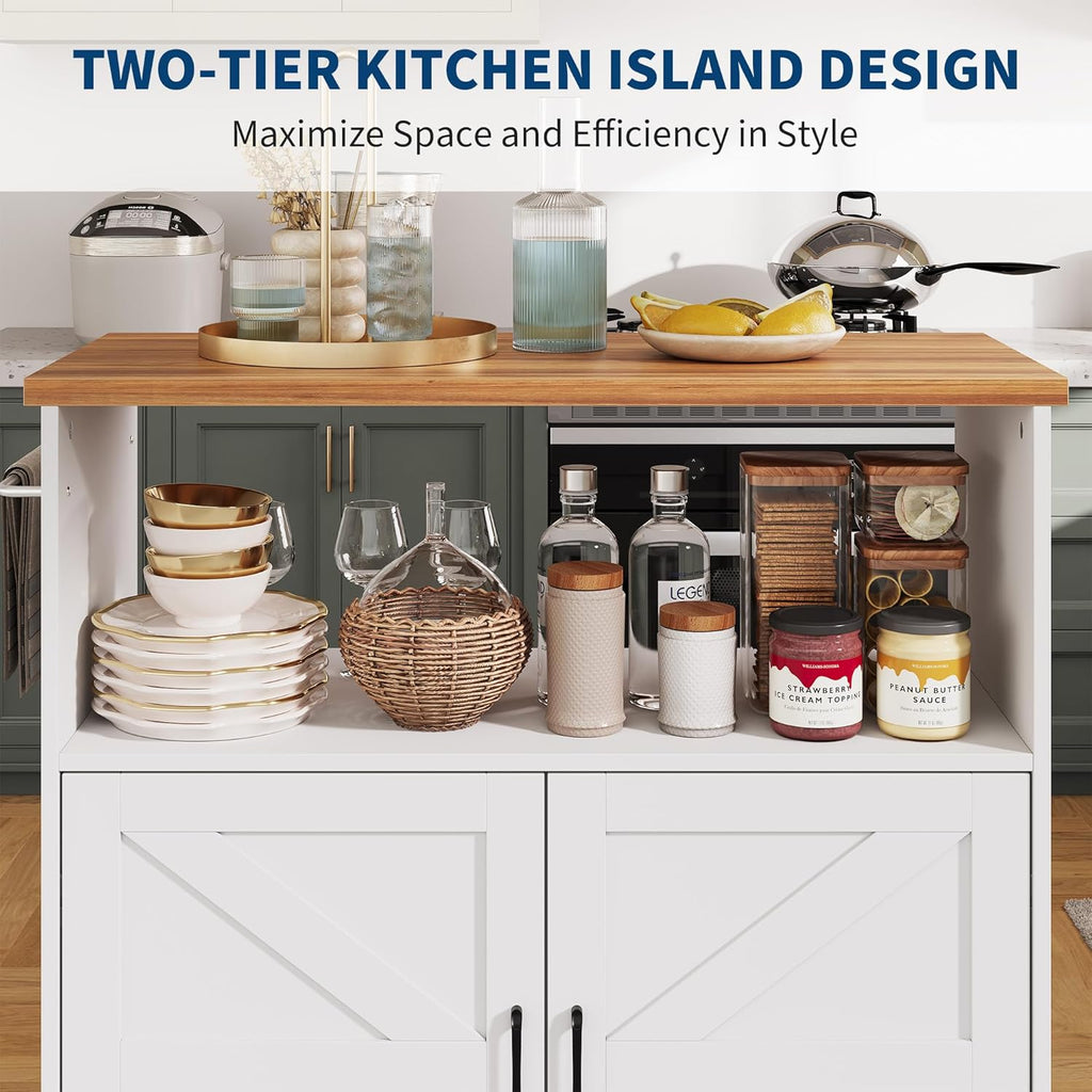 Garvee Rolling Kitchen Island with Storage Cabinet, 40.4'' Width Kitchen Cart, Portable Mobile Kitchen Island with Towel Rack, Wood Top and Lockable Wheels for Kitchen, Dining Room