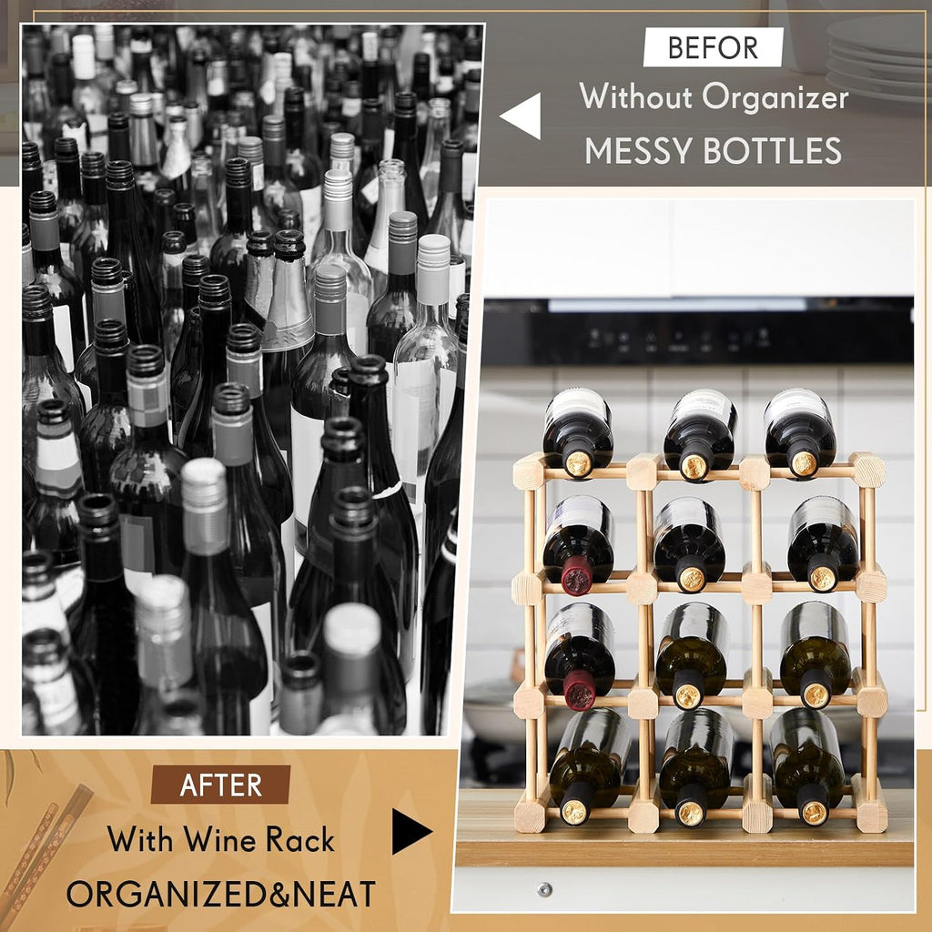 Juexica 1 Pcs 12 Bottles Wooden Wine Rack Sturdy and Durable for Inside Cabinet Stackable Countertop Modular Wine Storage Rack DIY Assembly Bottle Holder for Cellar (Natural Color)