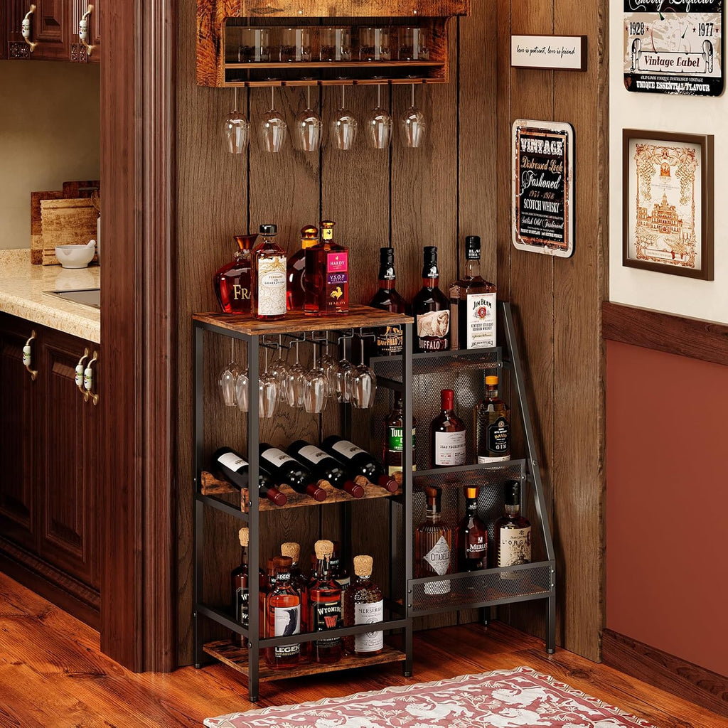 Versatile Liquor Stand for Home Bar, Wine Rack Freestanding Floor, Mini Bar Table for Liquor Whiskey Wine, 3-Tier Trapezoidal Liquor Bottle Display Shelf with Glass Holder and Fences(Patent Pending)