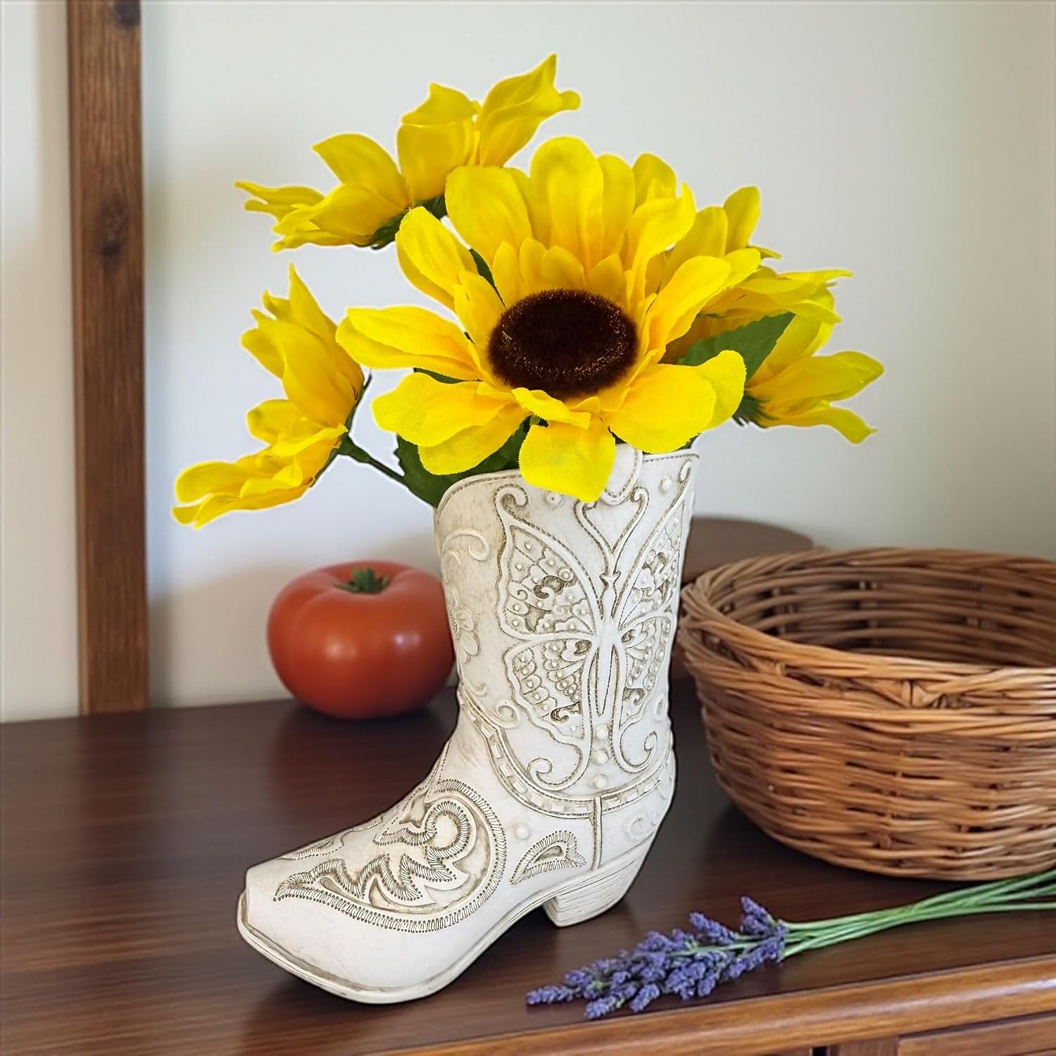 Top Brass Butterfly Boot Vase – Resin Cowboy/Cowgirl Boot Decor - Antique White Finish, Tooled Leather Look, Protective Pads, Modern Rustic Western Flower Holder, 7” Tall