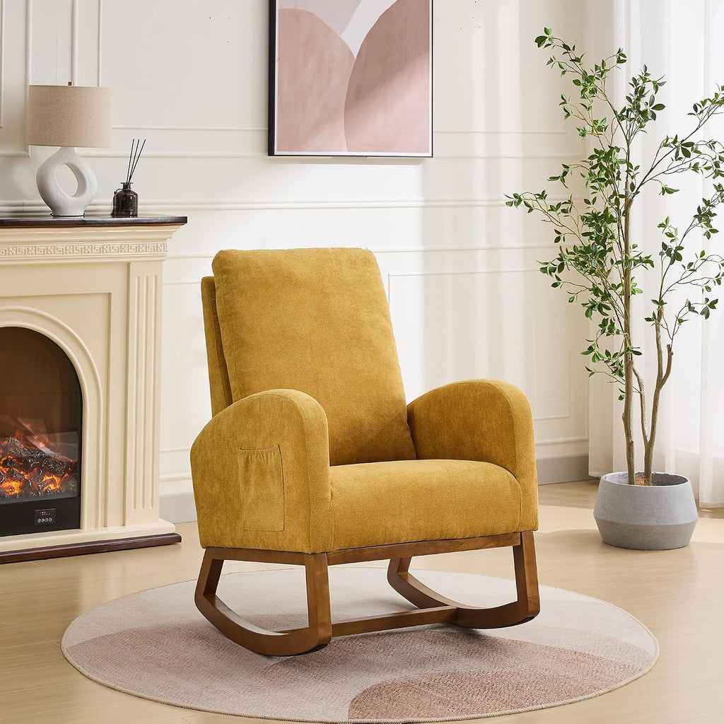 27.2" Rocking Chair for Nursery, Polyeste with Morden High Back and Side Pocket, Rocking Accent Armchair with Rubber Wood Legs for Living Room, Bedroom for Mom Nursery Morden, Mustard