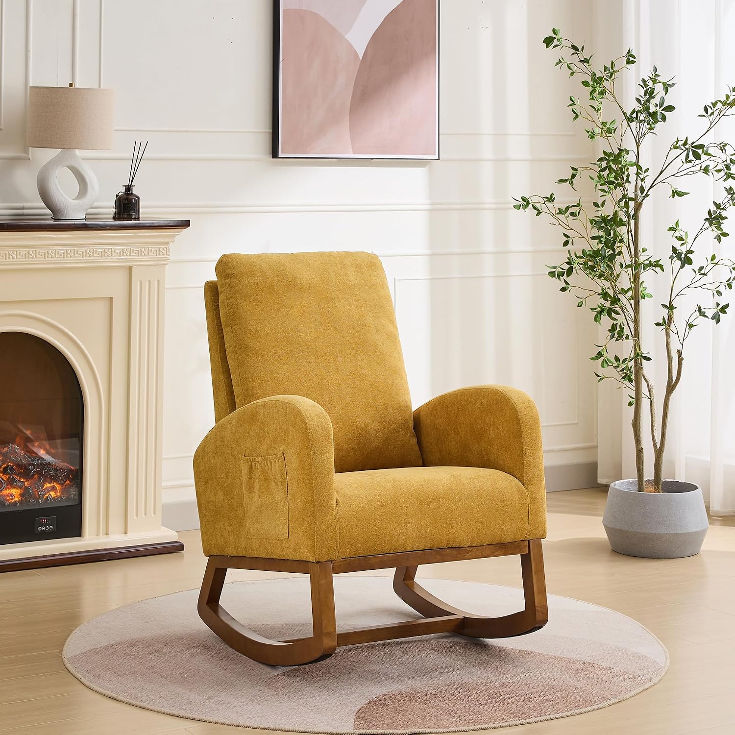 27.2" Rocking Chair for Nursery, Polyeste with Morden High Back and Side Pocket, Rocking Accent Armchair with Rubber Wood Legs for Living Room, Bedroom for Mom Nursery Morden, Mustard