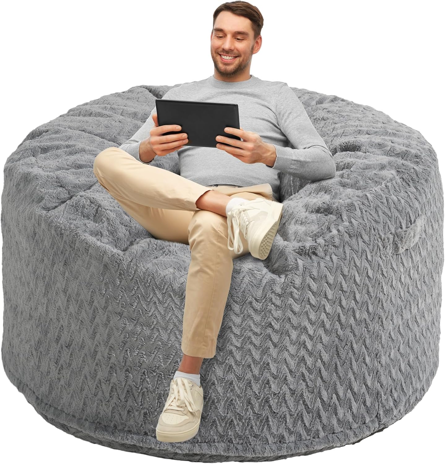 Homguava Bean Bag Chair: 4' Bean Bags with Memory Foam Filled, Large Beanbag Chairs Soft Sofa with Dutch Chevron Plush Cover 4FT(44"×44"×26"),Grey