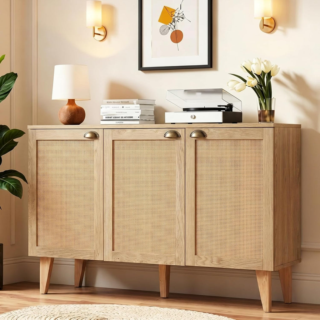 GREEN PARTY 47" Rattan Sideboard Buffet Cabinet with Storage, 3-Door Boho Coffee Bar Cabinet, Kitchen Storage Cabinet with Adjustable Shelves for Dining Room, Living Room, Entryway