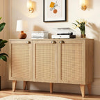 GREEN PARTY 47" Rattan Sideboard Buffet Cabinet with Storage, 3-Door Boho Coffee Bar Cabinet, Kitchen Storage Cabinet with Adjustable Shelves for Dining Room, Living Room, Entryway