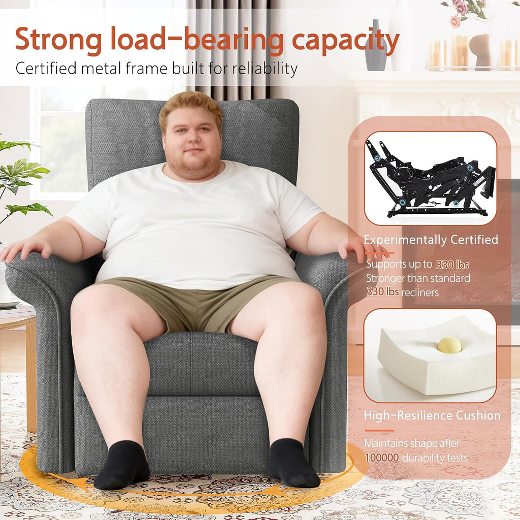 Rocker Chair, Nursery, Dark Gray Fabric Chair, 270 Degree Glider Rocking Chair with 150 Degree Recline, Wide Arms for Living Room Bedroom