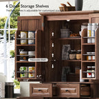 71" Tall Mid-Century Modern Kitchen Pantry with 3 Pull-Out Cabinets & 2 Drawers, Farmhouse Storage Cabinet with 6 Door Shelves & 2 Adjustable Shelves, Freestanding Cupboard for Dining Room ,Brown