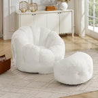 Mofolit 46" Oversized Flower Bean Bag Chair with Ottoman for Adults,Large Cozy Beanbag Chair with Artificial Rabbit Fur Fabric,Boneless Sofa for Living Room,Reading Room and Apartment.(Cream)