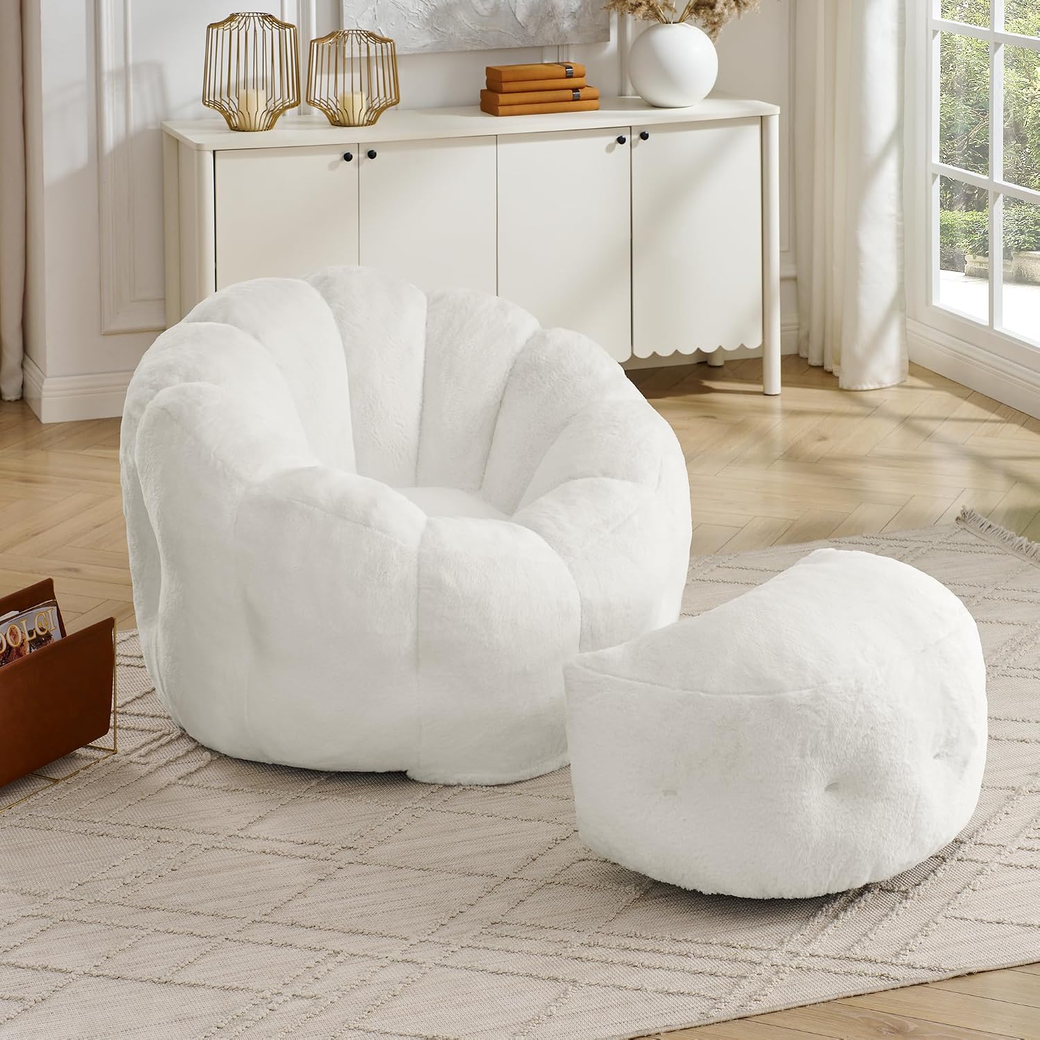 Mofolit 46" Oversized Flower Bean Bag Chair with Ottoman for Adults,Large Cozy Beanbag Chair with Artificial Rabbit Fur Fabric,Boneless Sofa for Living Room,Reading Room and Apartment.(Cream)