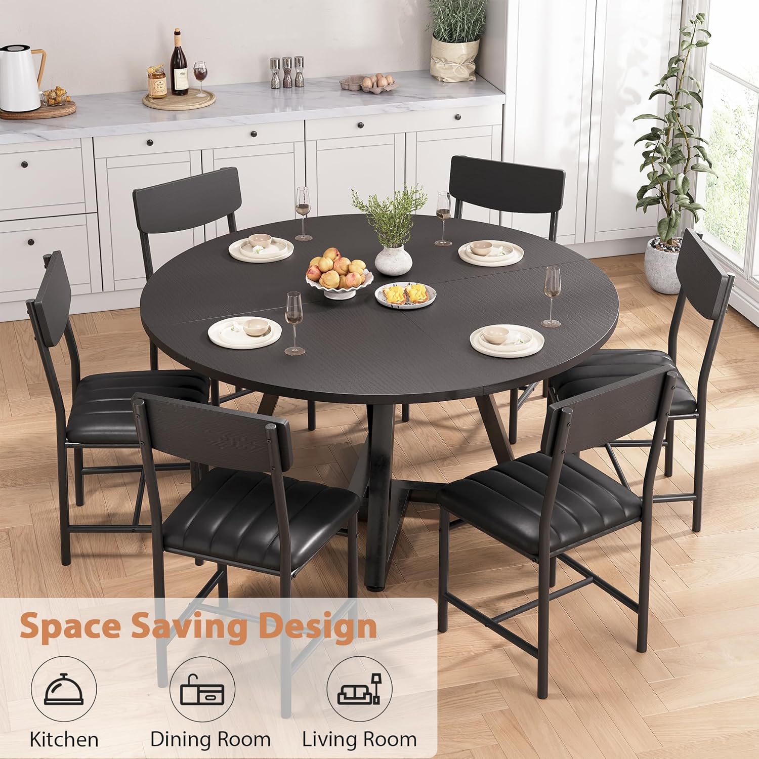 Round Dining Table Set for 6, Kitchen Table and Chairs for 6, Circle Table Round Pedestal Dining Room Dinner Dinette Table Set,7 Piece Space Saving Wood Kitchen & Dining Room Tables (Black, 51In)