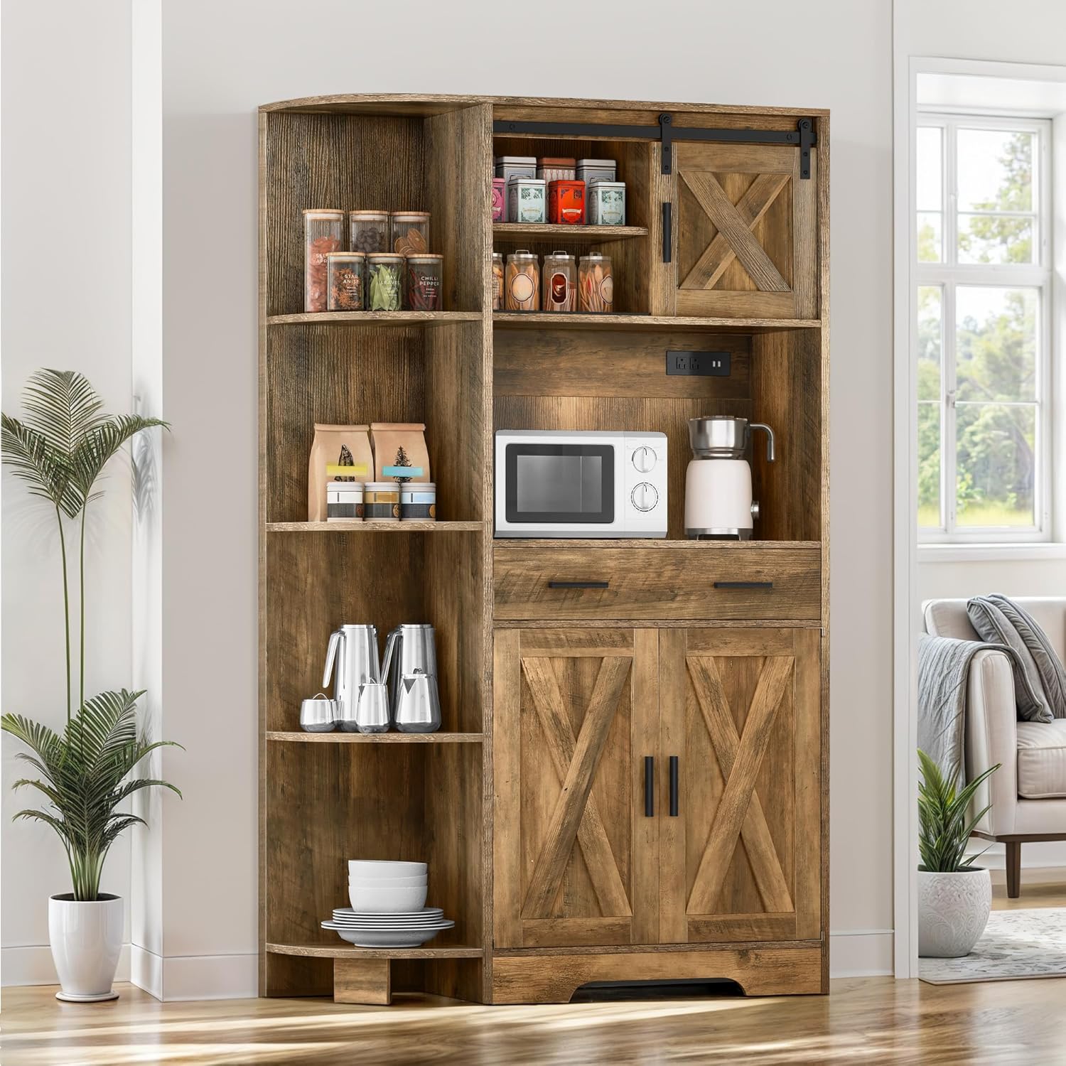 DWVO Kitchen Pantry Cabinet with Power Outlet, 67" Tall Farmhouse Pantry Storage Cabinet with Barn Doors, Drawer & Microwave Stand, Freestanding Hutch for Kitchen & Dining Room, Rustic Brown