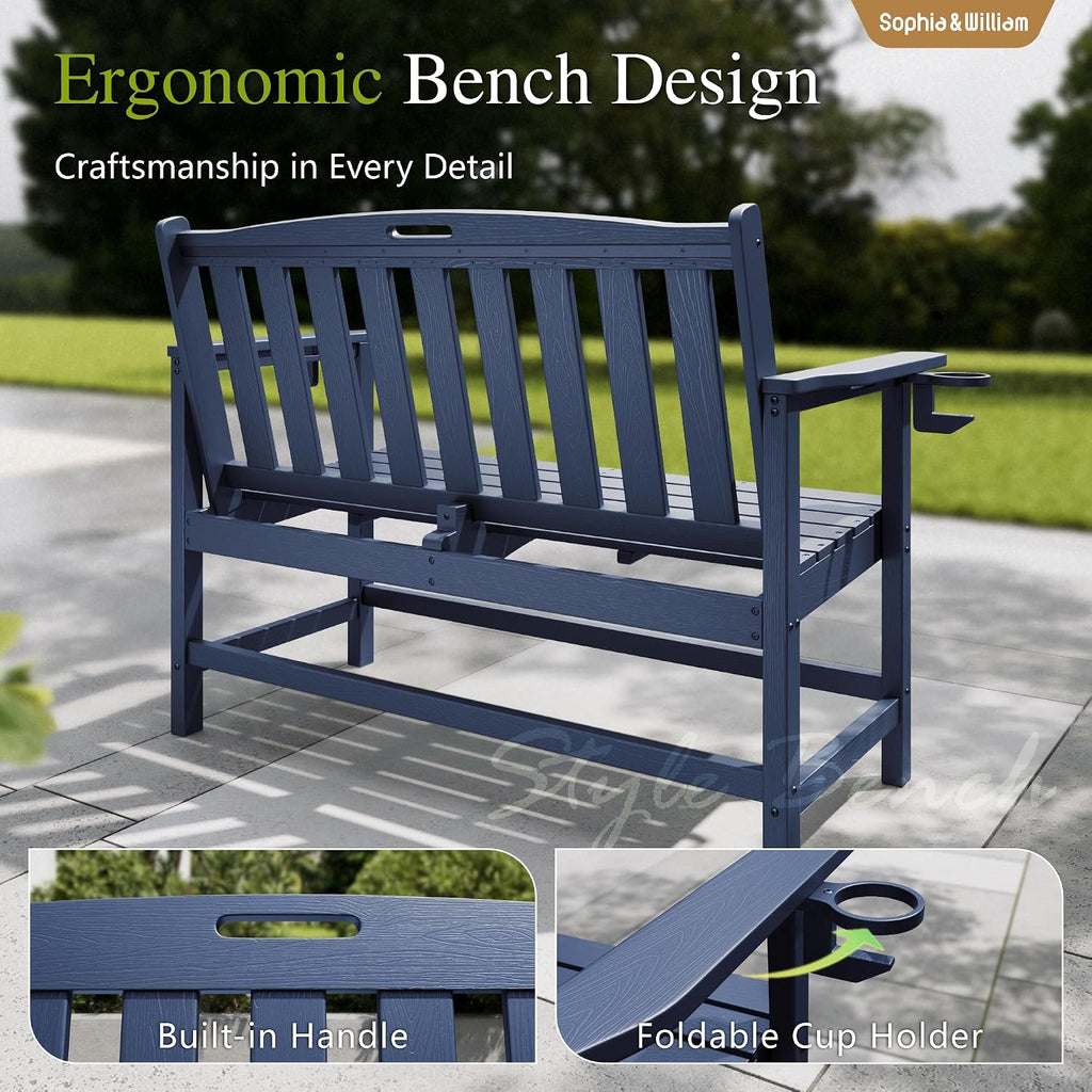 Sophia & William HDPE Outdoor Bench Weatherproof, 2-Person Garden Bench with Cup Holders, 700 lbs Capacity, Patio Benches for Porch, Garden, Backyard and Park, Navy