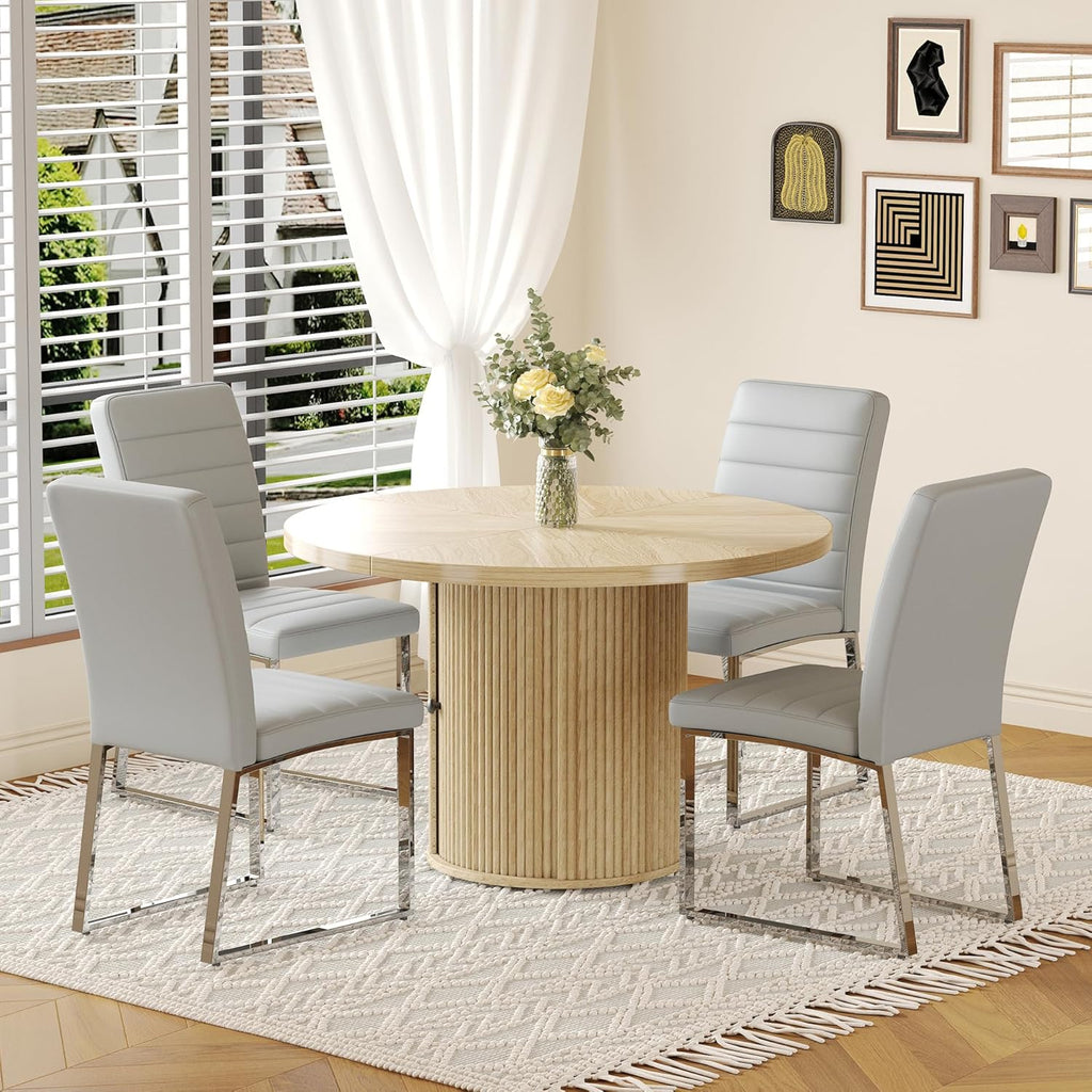 Modern Dining Chairs Set of 6, Grey Faux Leather Kitchen Chairs, Upholstered Armless Dining Room Chair with Silver Metal Legs Heavy Duty, Comfortable (Grey Chiars, Set of 6)