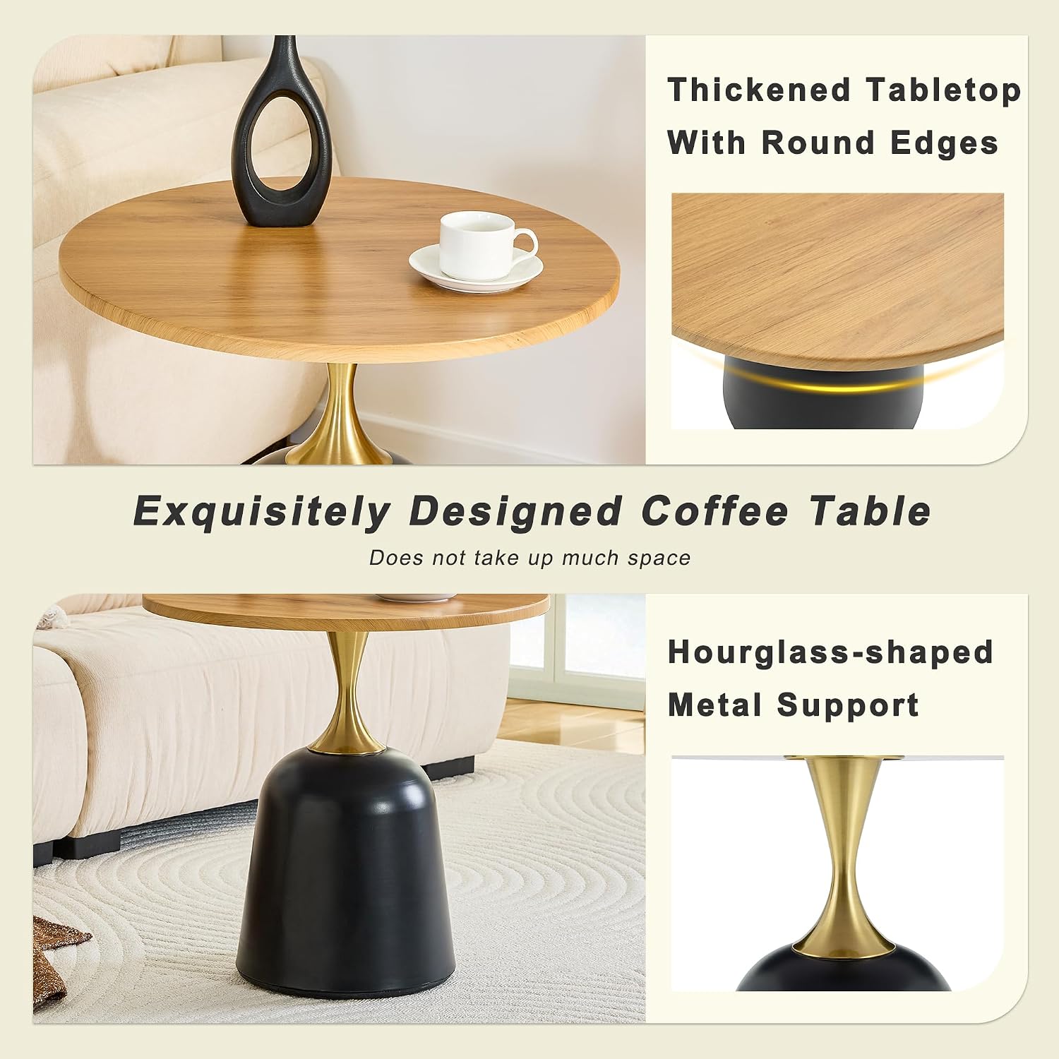 Modern 23.6" Round End Table, Wood Grain Side Table with Heavy-Duty Metal Base, Small Coffee Table for Living Room, Minimalist Nightstand for Bedroom, Simple & Sturdy Bedside Table (Wood)