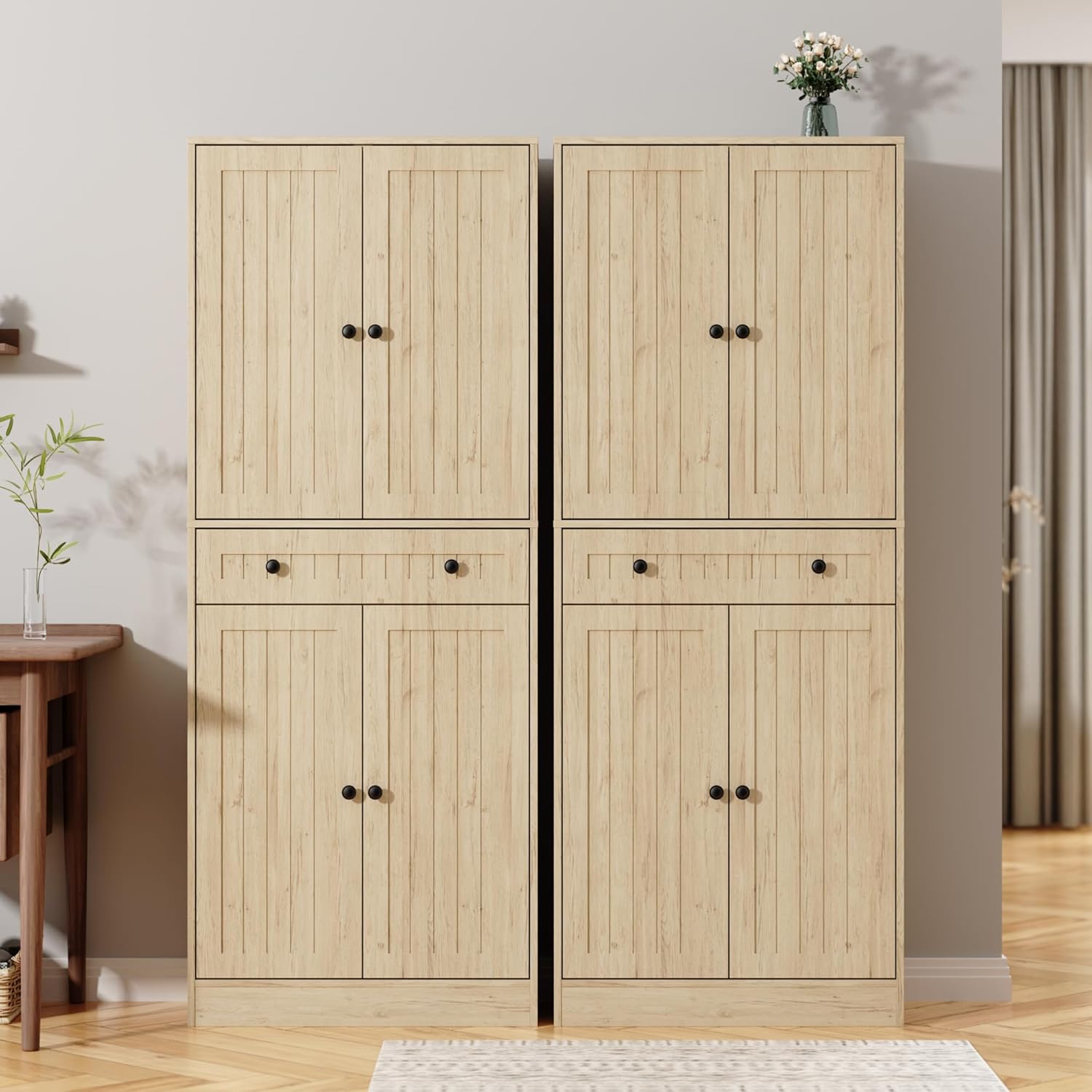 Furnify Kitchen Pantry Storage Cabinet, 71" H Farmhouse Pantry Cabinet with 4 Doors & Drawer, Freestanding Cupboard with Adjustable Shelves, Rustic Wood Cupboard for Kitchen, Dining Room, Natural