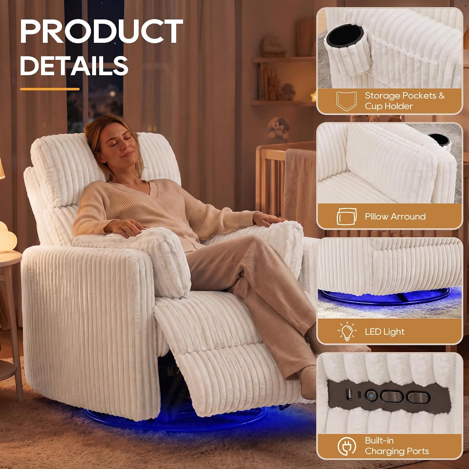 IPKIG Power Swivel Recliner Nursery Rocking Glider Chairs, Corduroy, Beige | LED Light, USB & Type-C Ports, and Cup Holder – Electric Rocking Reclining Chair for Baby Nursing, Living Room, and Bedroom