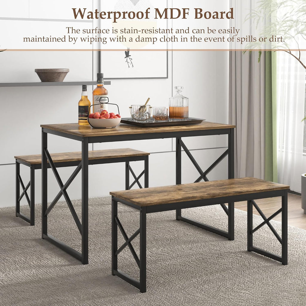 VECELO Kitchen Dining Table Benches Set for 4, 43.3" Wooden Dinette with 2 Benches, Heavy-Duty Dining Room Table for Small Space, Breakfast Nook, Brown