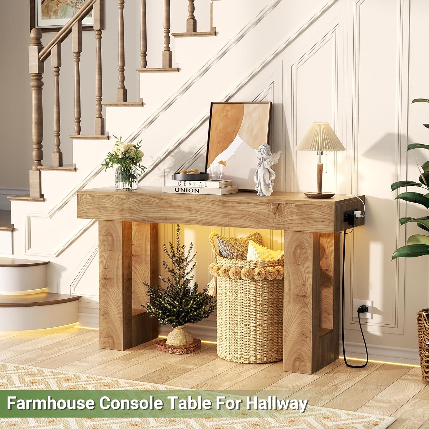 Unikito 47" Entryway Table with Socket and Sensor Light, Narrow Console Table with Storage Behind Couch, Farmhouse Entry Way Tables with Open Storage for Entrance/Hallway/Living Room, Natural Oak