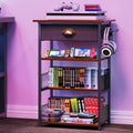 Hongtamoya 4-Tier AV Media Stand with Drawer, Video Game Console Shelf with 2 Hooks, Audio Rack Tower Perfect for/Xbox/ PS5/Switch/Game Consoles/DVD/Record Player/Projector/Sky Box/TV Accessories