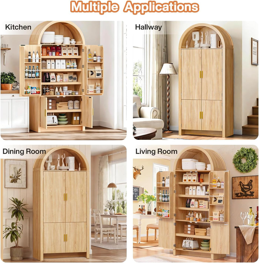 PRETZI 71" Tall Arched Pantry Cabinet, Arched Fluted Kitchen Storage Cabinet with Doors and Adjustable Shelves, Modern Natural Wood Cupboard Organizer for Kitchen, Dining Room, Living Room