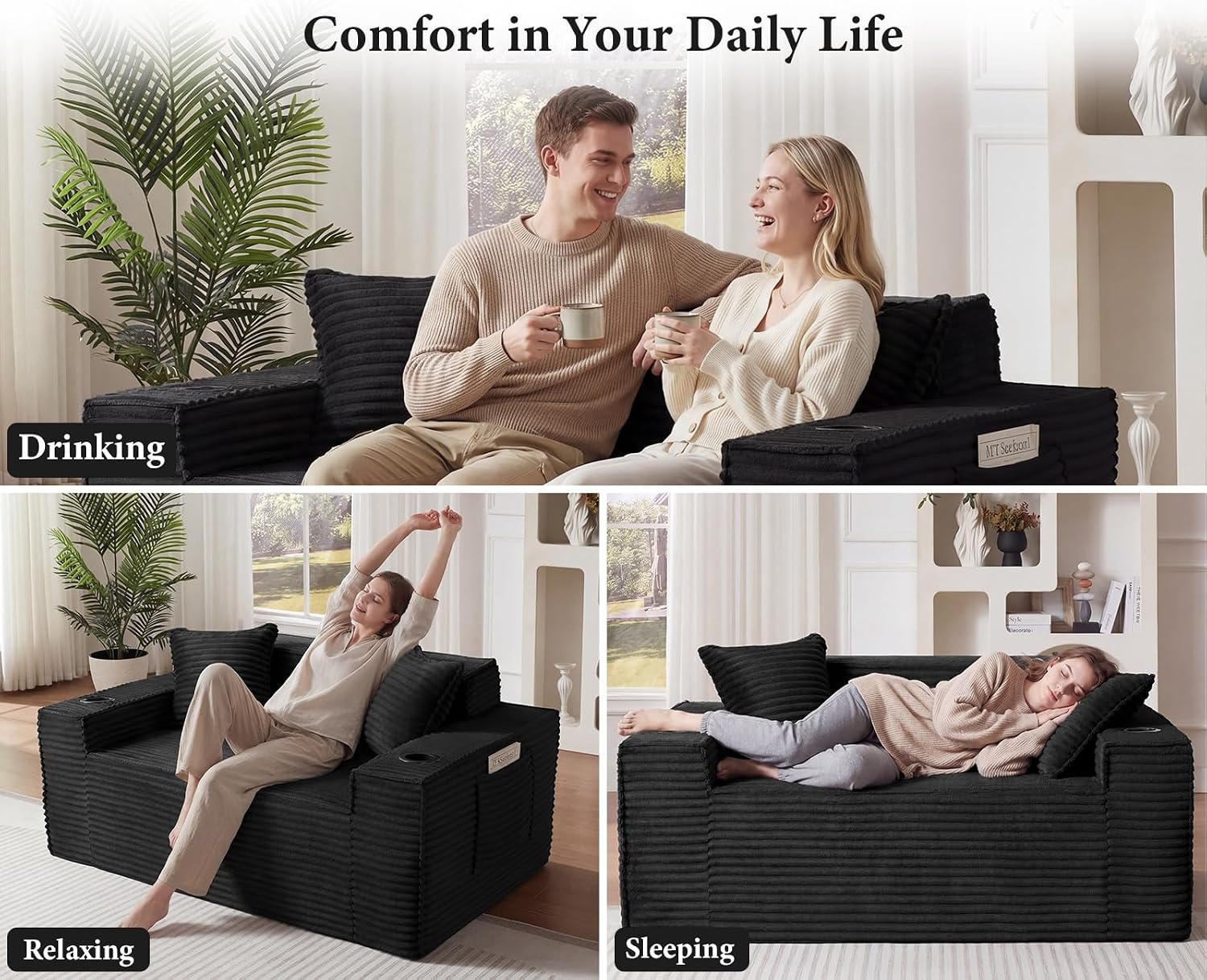 61” Boneless Loveseat Sofa, Comfy Corduroy Boneless Couch with Cup Holders & Storage Pockets, Deep Seat 2-Seater Cloud Couches for Small Space Living Room No Assembly Required, Black