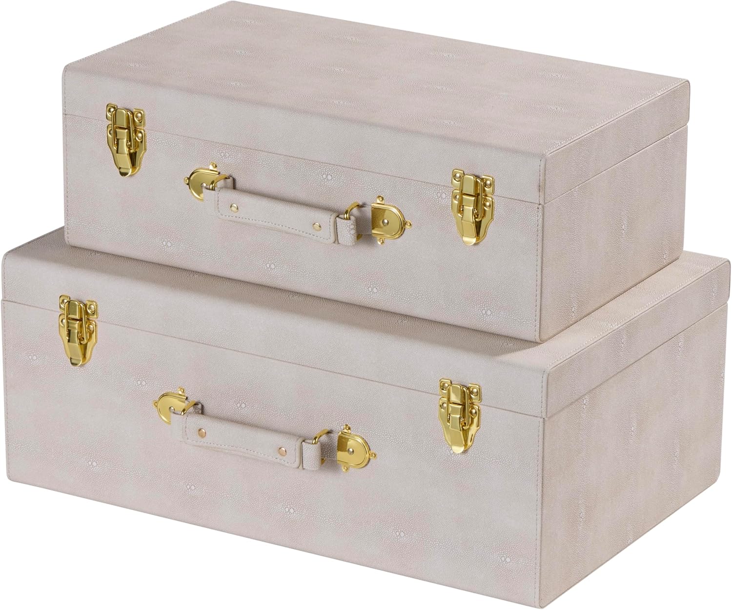 Sagala Set of 2 Large Decorative Storage Trunks, Beige Shagreen StorageTrunks And Chests with Handle, Faux Leather Large Storage Boxes for Home Organization Decor (Beige)