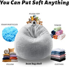 Faux Fur Comfy Bean Bag Chair Cover (No Filler), Fluffy Stuffed Animal Storage Bean Bag Covers Large Sofa for Adults, Premium Furry Fuzzy Bean Bag for Living Room Bedroom, Light Gray