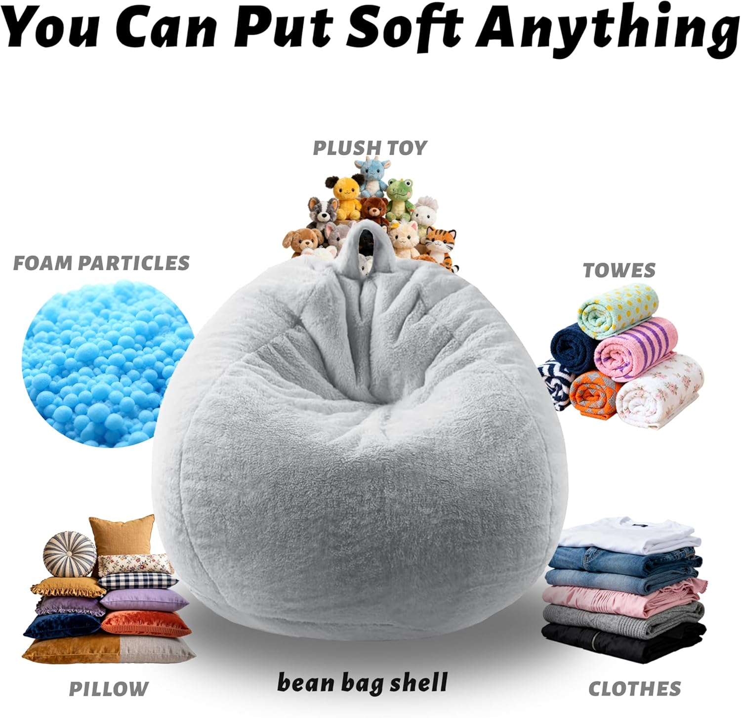 Faux Fur Comfy Bean Bag Chair Cover (No Filler), Fluffy Stuffed Animal Storage Bean Bag Covers Large Sofa for Adults, Premium Furry Fuzzy Bean Bag for Living Room Bedroom, Light Gray