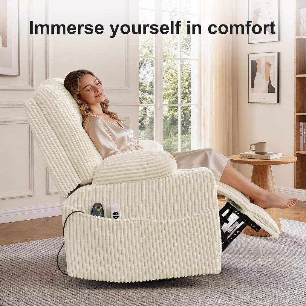 Korser Power Swivel Rocker Recliner with Dual Motor Adjustable Headrest for Adults, Oversized 24" Wide Seat Glider Rocking Chair with Massage & Heat, Corduroy Electric Recliner with USB&Type-C, Beige