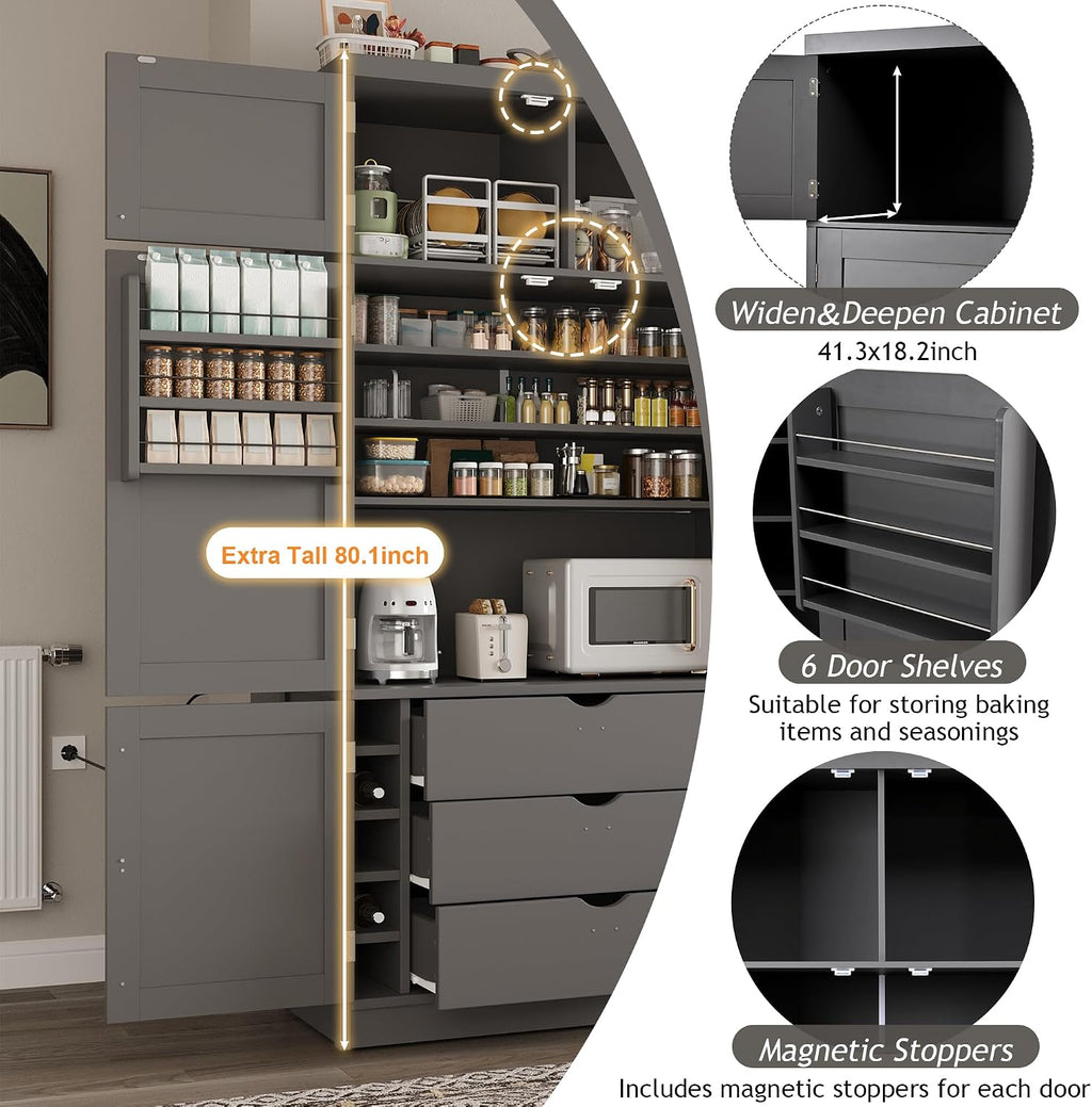 Merax Kitchen Pantry Storage Cabinet, Freestanding Buffet Cabinet with Microwave Stand & 2 Power Outlets,Kitchen Hutch with Door Shelves, Adjustable Shelves,Drawers and Wine Rack, Grey