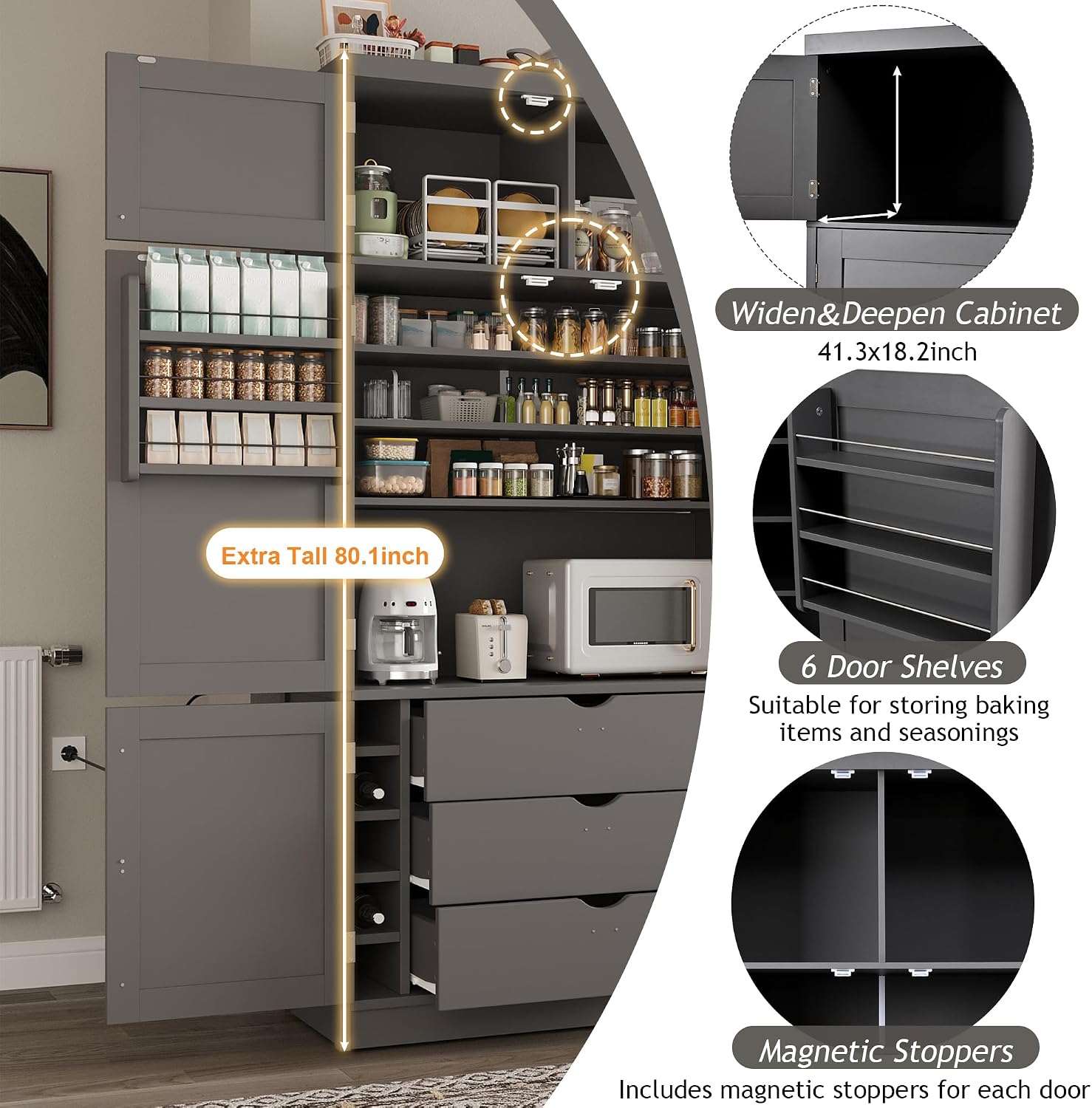 Merax Kitchen Pantry Storage Cabinet, Freestanding Buffet Cabinet with Microwave Stand & 2 Power Outlets,Kitchen Hutch with Door Shelves, Adjustable Shelves,Drawers and Wine Rack, Grey
