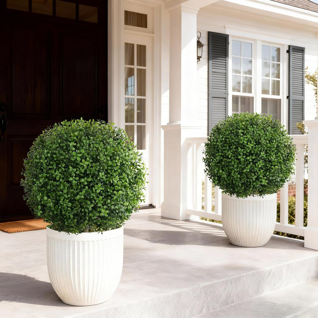 Artificial Boxwood Topiary Ball Trees for Outdoor Set of 2 Fake Plant Bushes with Ground Spike UV Resistant Faux Shrubs for Garden Front Porch, Green