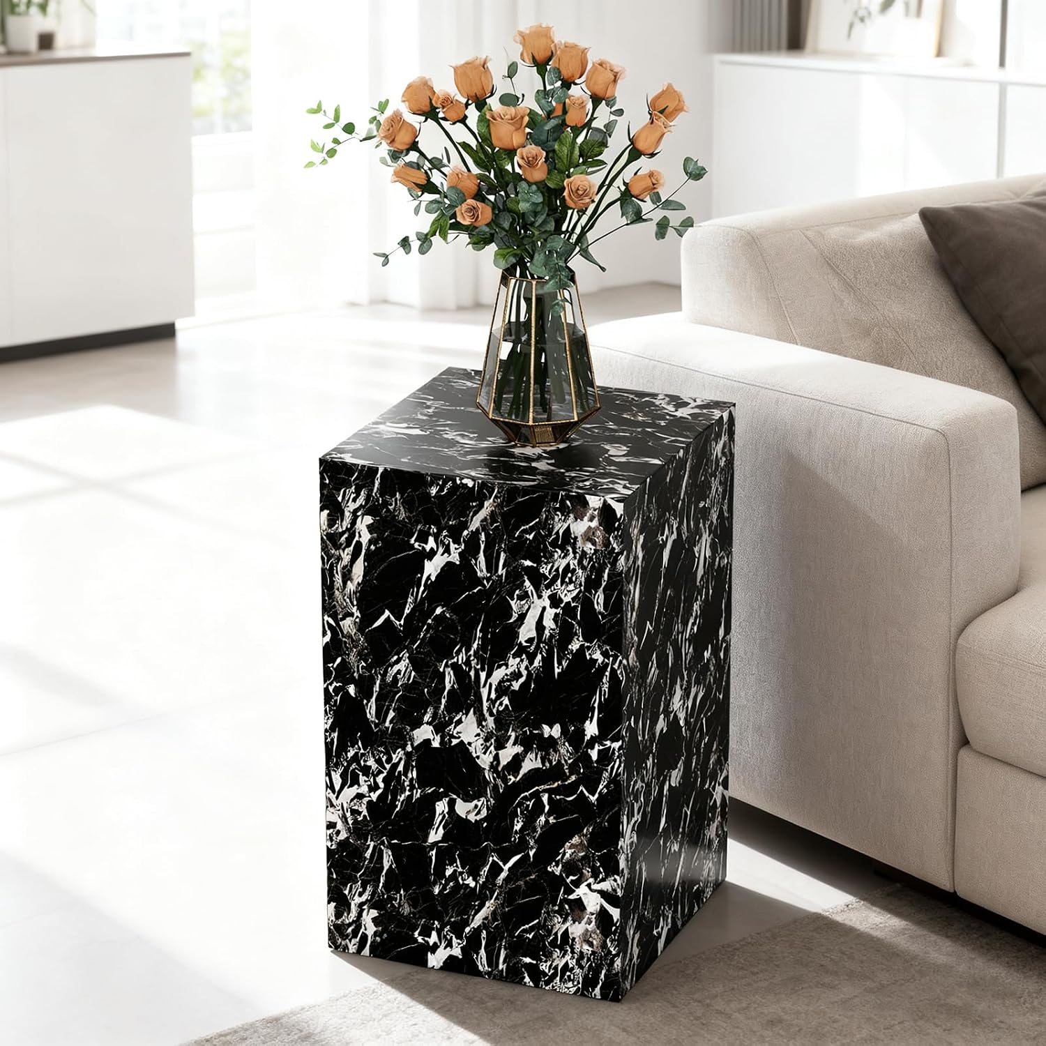 Modern Marble Side Table, 20" Small Square End Table for Living Room, Bedroom, Exhibition Hall, Suitable for Displaying Vases, Statues, Table Lamps, etc. (MAXCAP: 90 Lbs) Napoleon Black