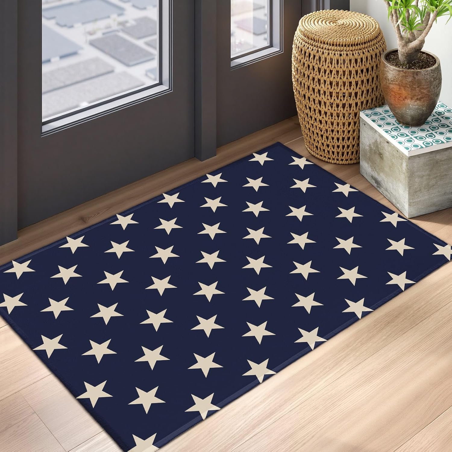 Patriotic Star Doormat Blue 4th of July Memorial Day Independence Day Decorative Front Door Mat Decor Neutral Farmhouse Floor Mats for Entryway Indoor Outdoor Outside Entrance, 32x20 Inch