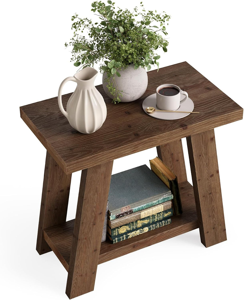 LITTLE TREE Solid Wood End Table, Small Side Table with 2-Tier Storage Shelf for Living Room, Rectangular Side Table for Couch, Bedside Table for Bedroom, Easy Assembly