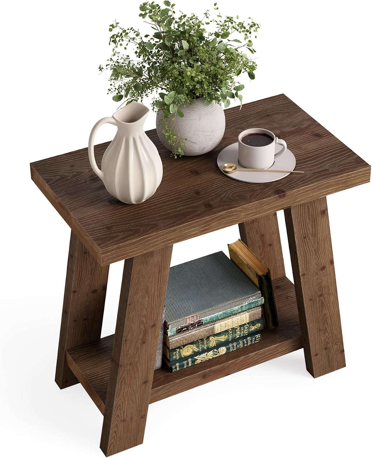 LITTLE TREE Solid Wood End Table, Small Side Table with 2-Tier Storage Shelf for Living Room, Rectangular Side Table for Couch, Bedside Table for Bedroom, Easy Assembly