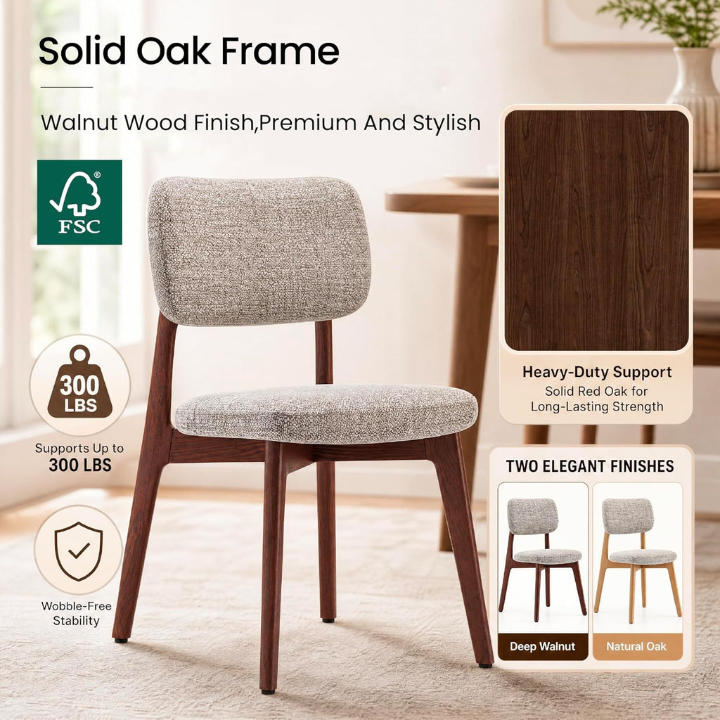 COLAMY Dining Chairs Set of 2, Mid Century Modern Upholstered Kitchen Chairs with Solid Red Oak Wood Legs, Textured Fabric Dining Room Accent Chairs for Small Spaces, 300 lbs Capacity,Walnut,Oatmeal